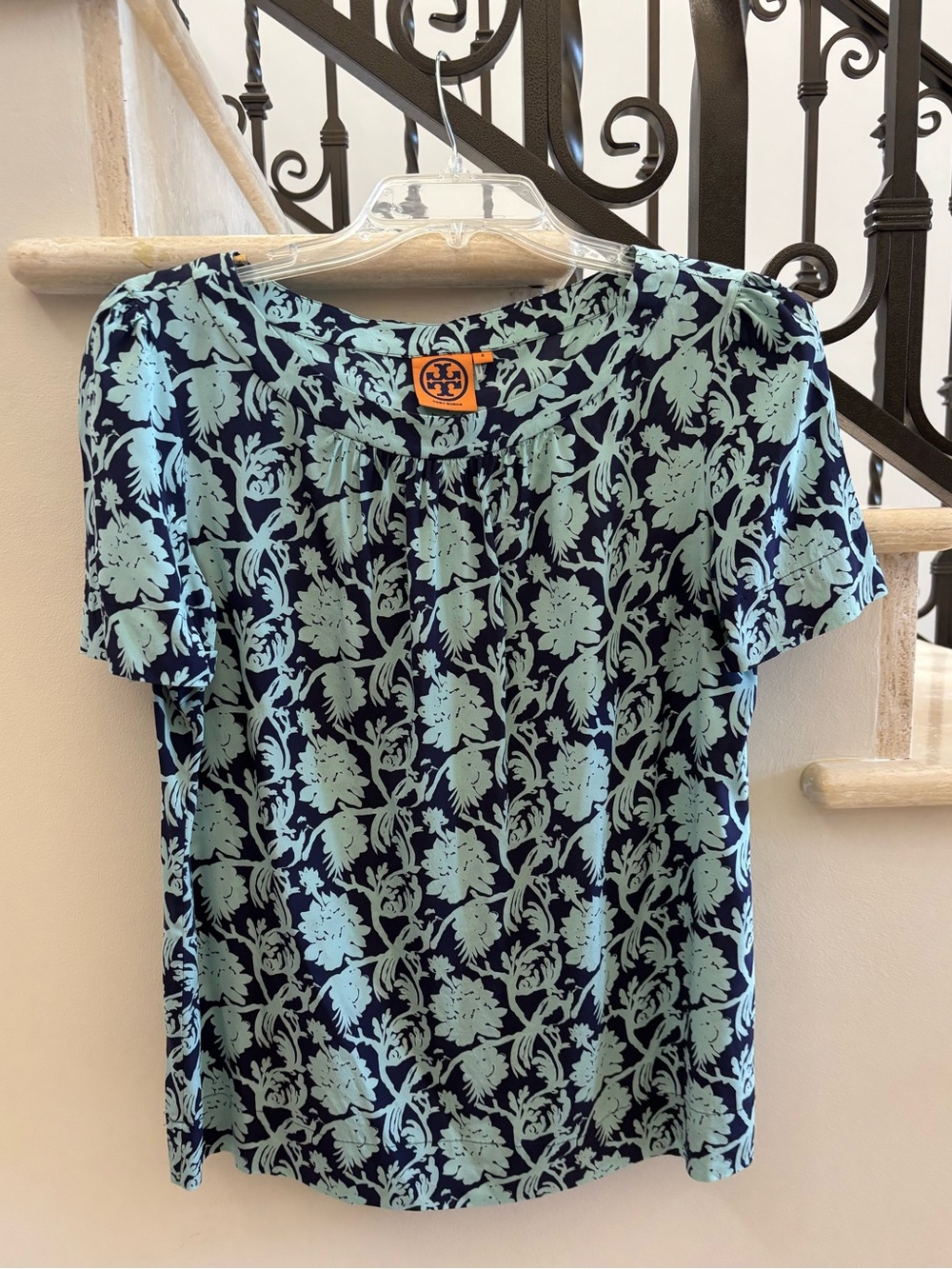 Tory Burch Navy Short-Sleeve Top with Light Blue Floral Print